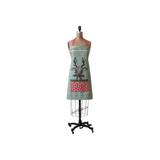 Hello Honey® Multicolor Reindeer, Holly & Polka Dot Pocket Cotton Slub Printed Apron